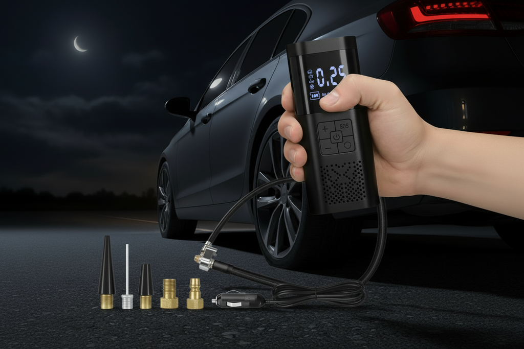 Car Wireless Air Pump - Flat Tire on Road at Night